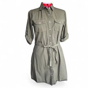 Olive Green Cotton Button Up Shirt Dress With Tie Belt